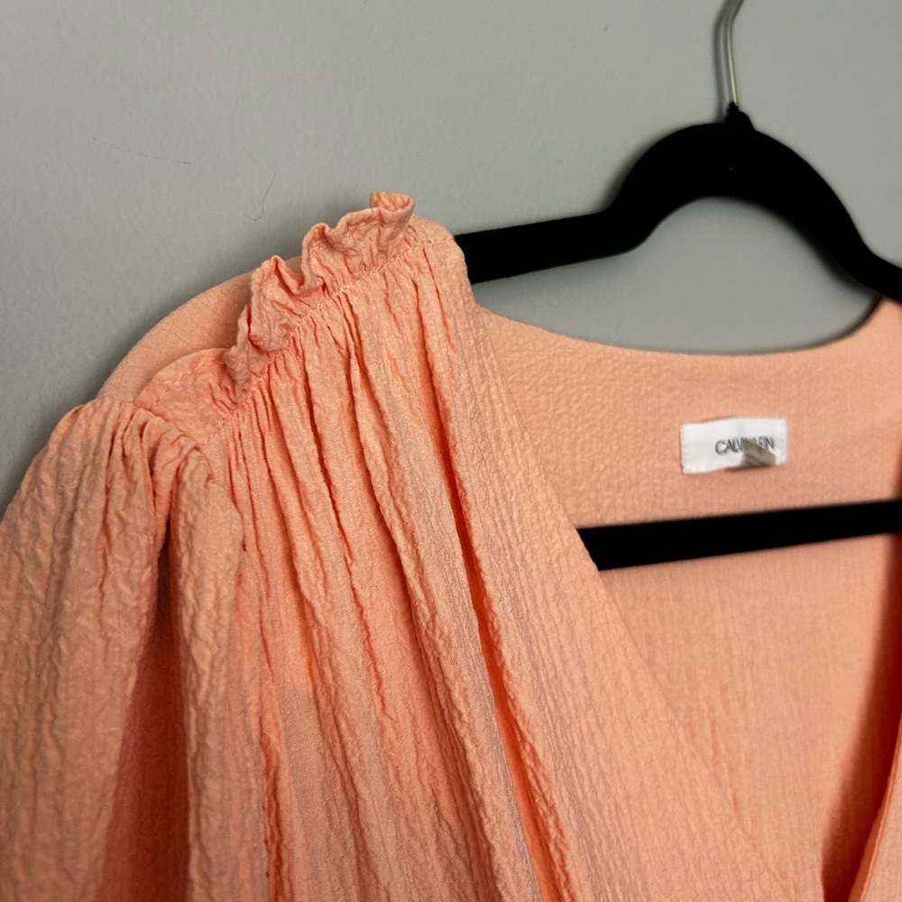 Calvin Klein Peach Tiered Midi Dress | Long Sleeve Smocked Cuffs | Size 16 - Picture 4 of 8